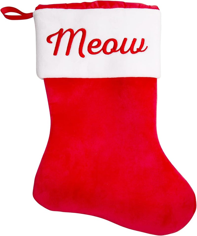 Pear Head Meow Cat Christmas Stocking, Classic Style Pet Holiday Stocking, Red and White Pet Stocking - Image 1